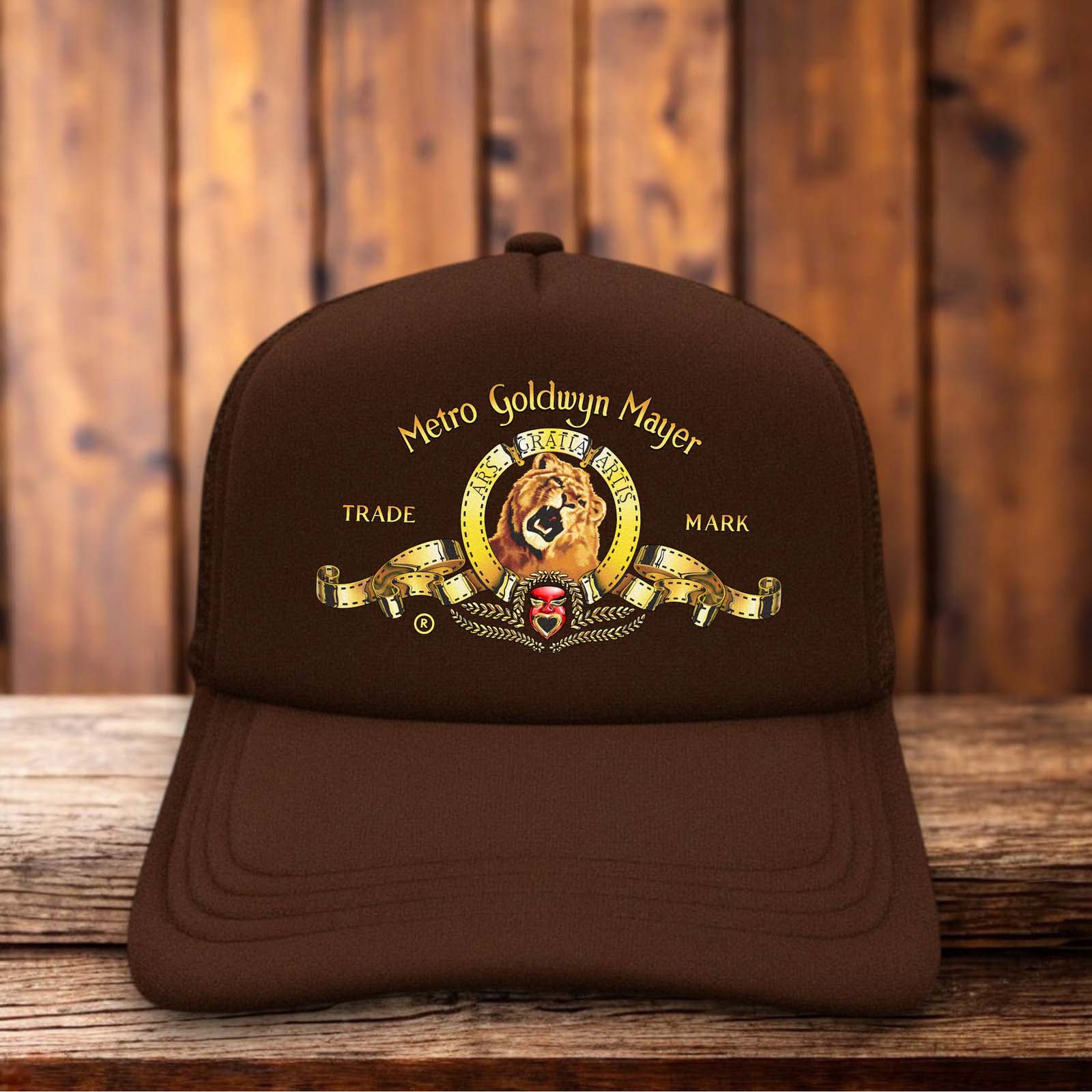 MGM lion trucker hat with classic film studio logo and mesh back