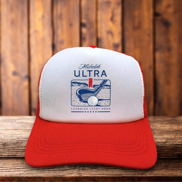 Red and white retro trucker hat featuring the Michelob Ultra Golf logo on a structured foam front.