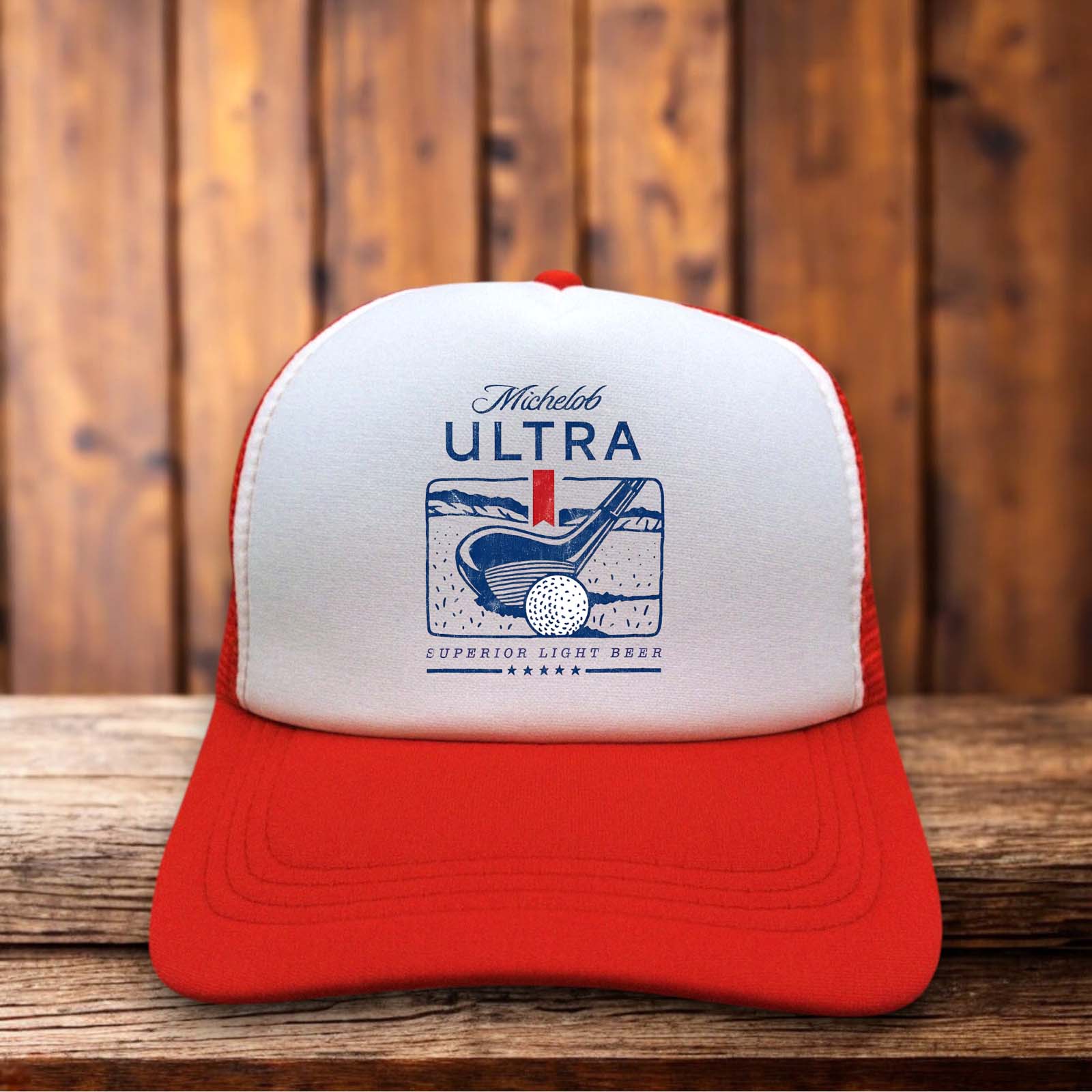 Red and white retro trucker hat featuring the Michelob Ultra Golf logo on a structured foam front.