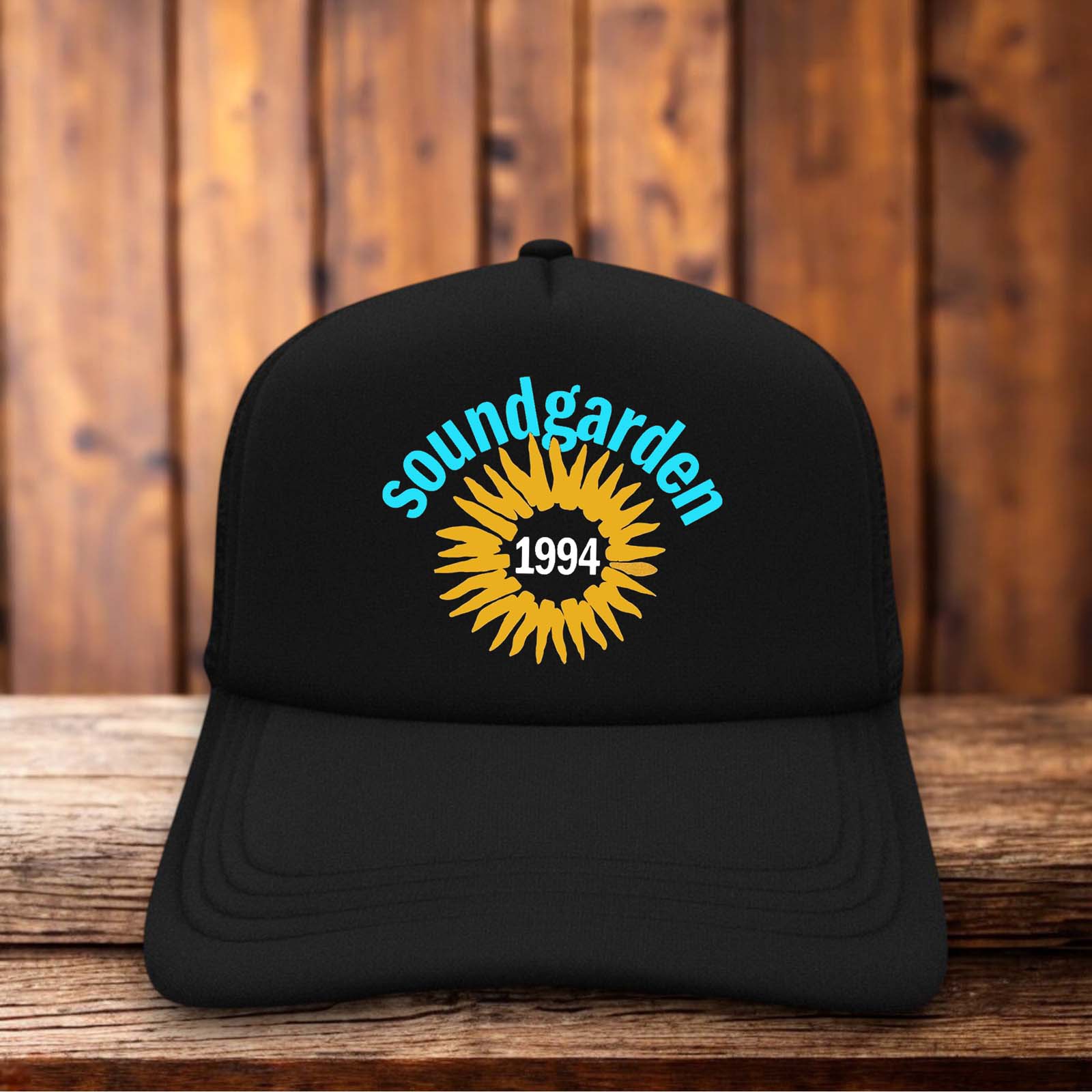 Soundgarden 1994 Tour Black Trucker Hat with sun graphic grunge rock retro snapback by Retro Roots Headwear