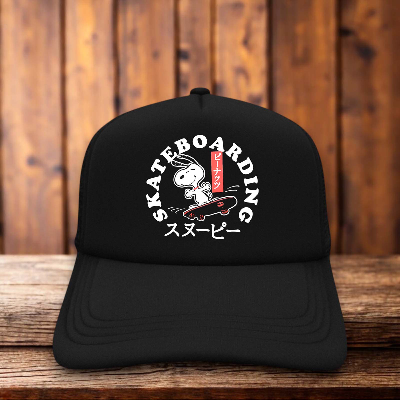Peanuts Japanese Snoopy Skateboarding Trucker Hat retro snapback by Retro Roots Headwear