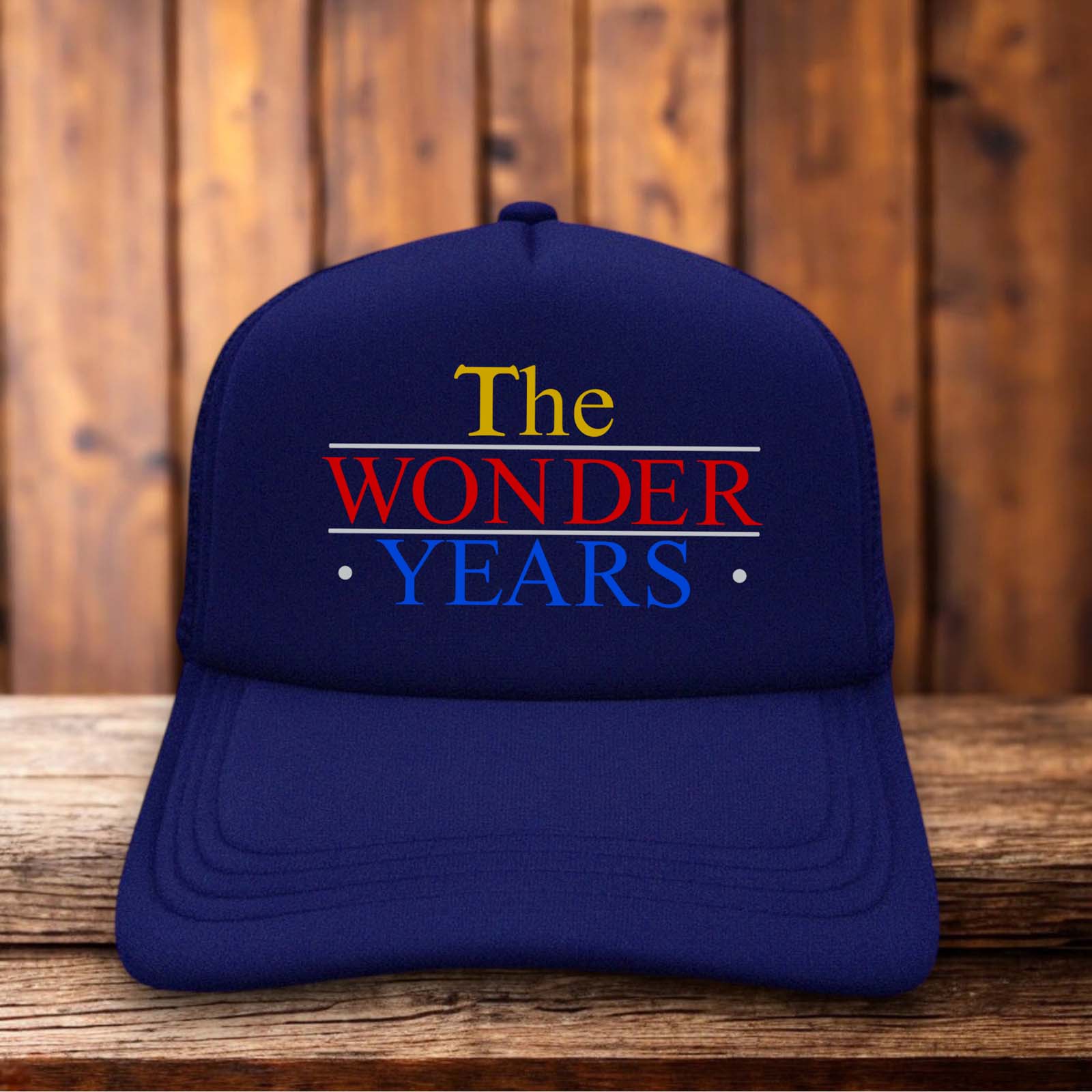 Retro trucker hat featuring The Wonder Years logo on a structured foam front.