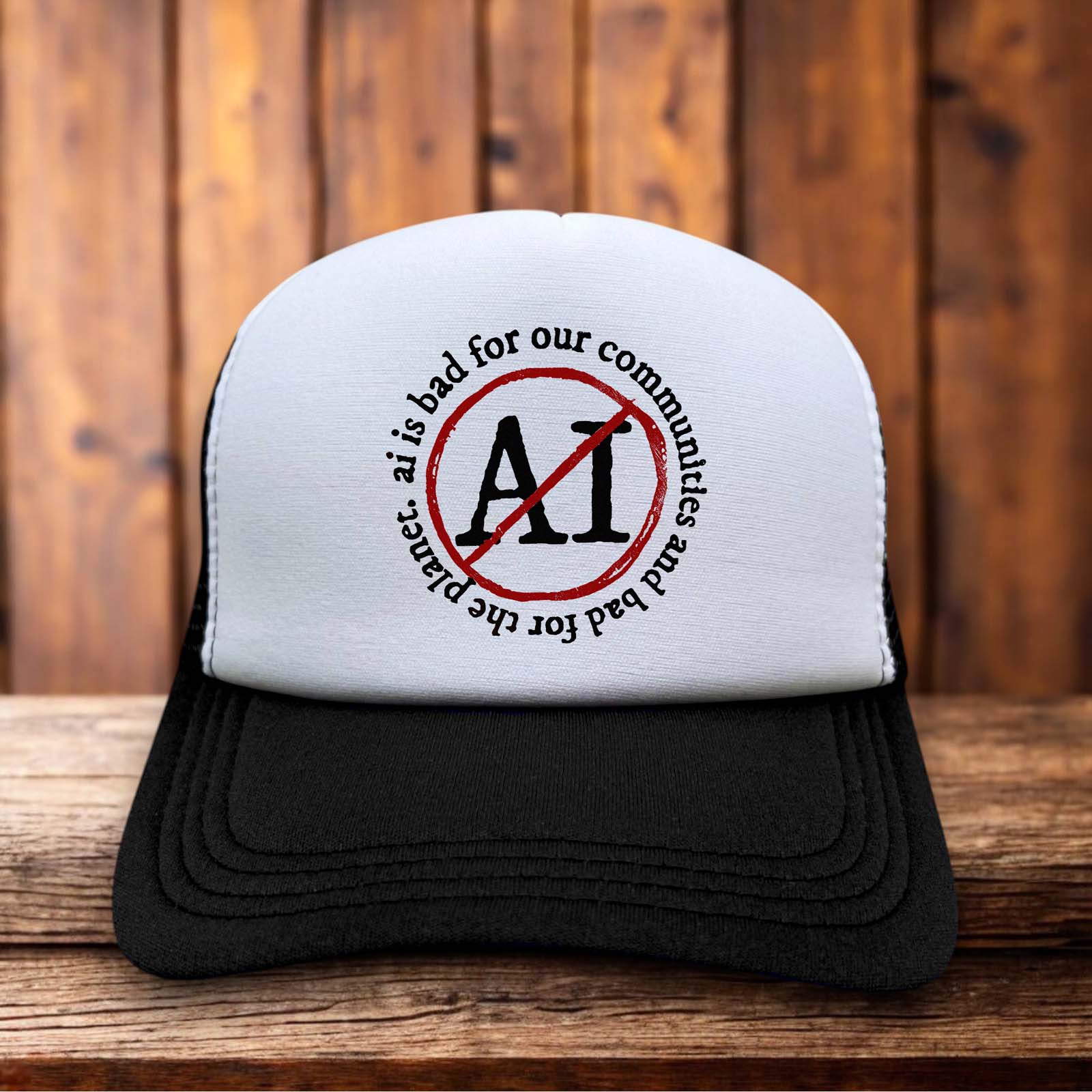 AI Is Bad For The Planet Trucker Hat climate tech skeptic retro snapback by Retro Roots Headwear