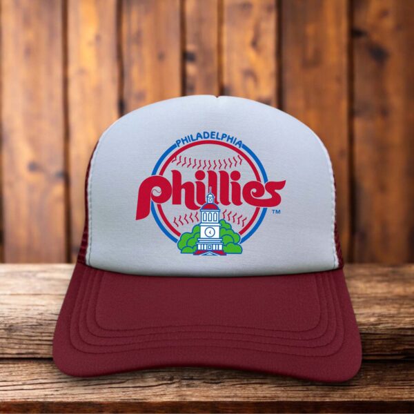 Philadelphia Phillies 80s Logo Trucker Hat maroon burgundy vintage baseball snapback by Retro Roots Headwear