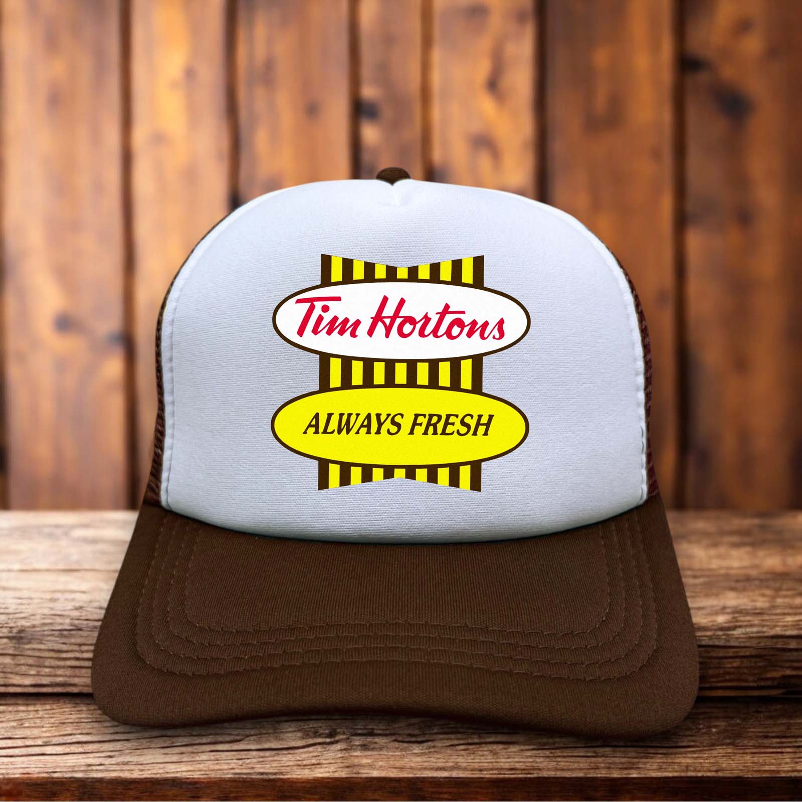 Tim Hortons Throwback Trucker Hat classic vintage coffee script logo patch snapback by Retro Roots Headwear