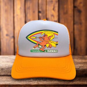 Retro trucker hat featuring the vintage University of Hawaii Rainbow logo on a structured foam front.