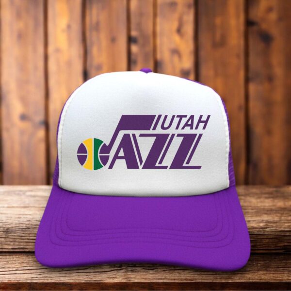 Retro trucker hat featuring the vintage 90s Utah Jazz mountain logo on a structured foam front.