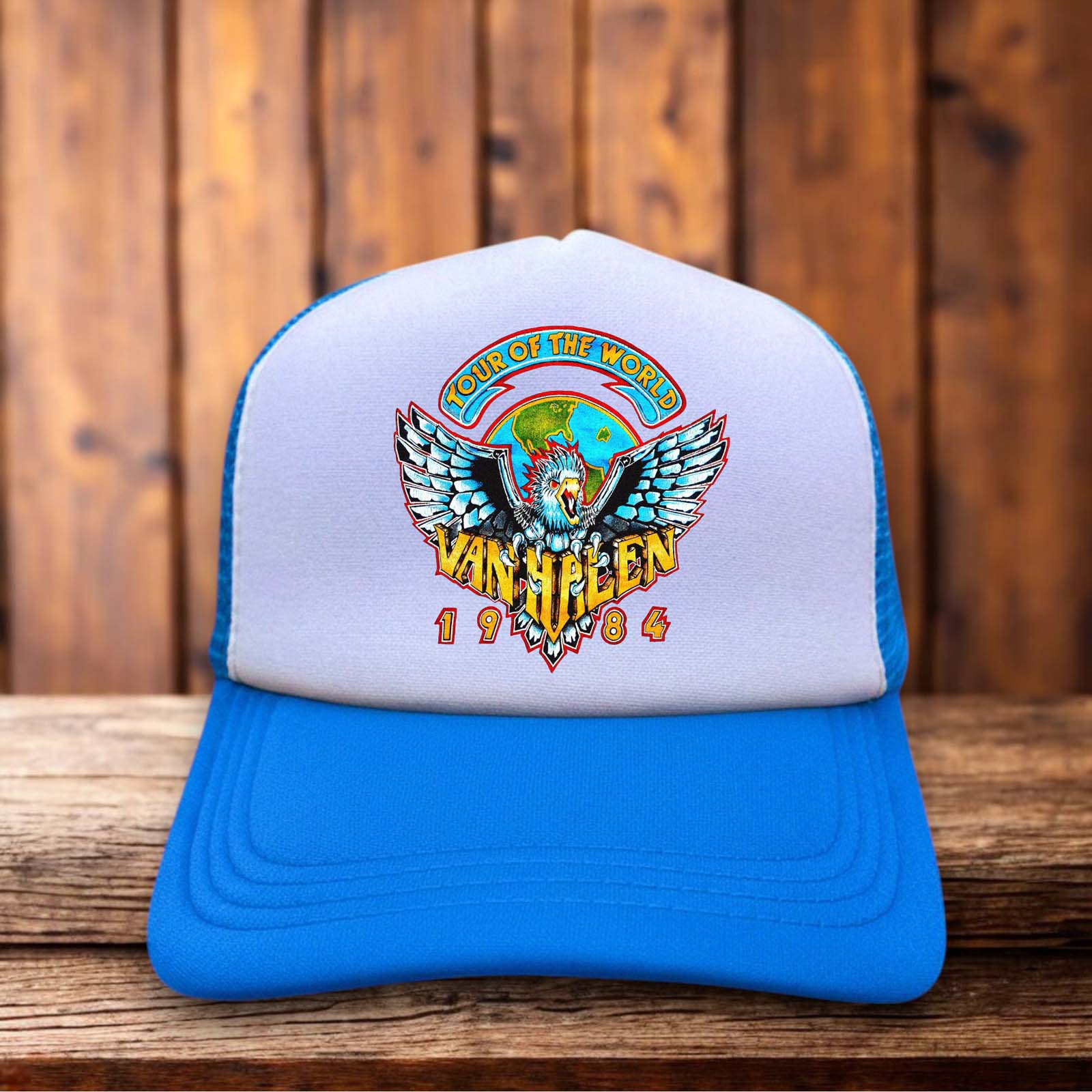 Retro trucker hat featuring the Van Halen 1984 tour logo and angel graphic on a structured foam front.