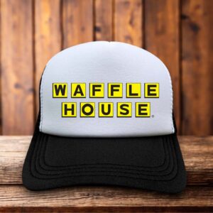 Yellow and black retro trucker hat featuring the Waffle House block logo on a structured foam front.