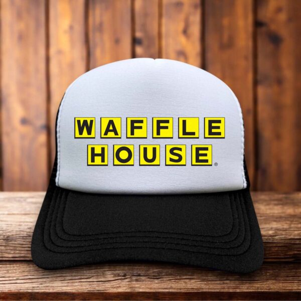 Yellow and black retro trucker hat featuring the Waffle House block logo on a structured foam front.