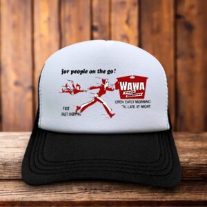 Black retro trucker hat featuring the vintage Wawa goose logo in white on a structured foam front.