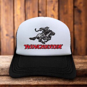 Retro trucker hat featuring the Winchester Rifles and Shotguns logo in vintage red and black on a structured foam front.