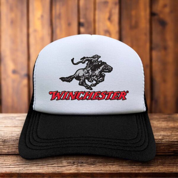 Retro trucker hat featuring the Winchester Rifles and Shotguns logo in vintage red and black on a structured foam front.