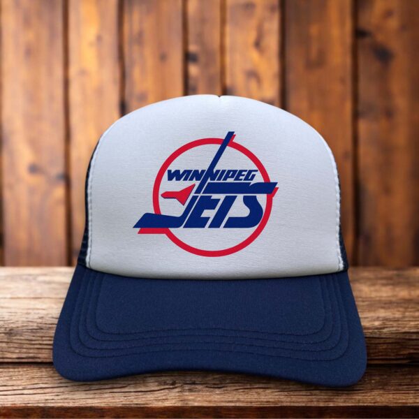 Retro trucker hat featuring the vintage Winnipeg Jets logo in red and blue on a structured foam front.