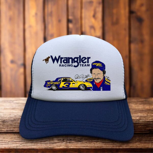 Retro trucker hat featuring the Wrangler Racing Team logo in vintage typography on a structured foam front.