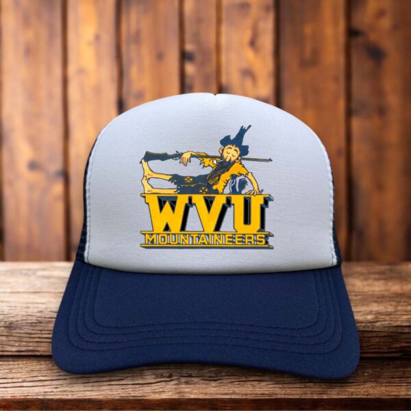 Retro trucker hat featuring the WVU Mountaineers logo in vintage-style typography on a structured foam front.