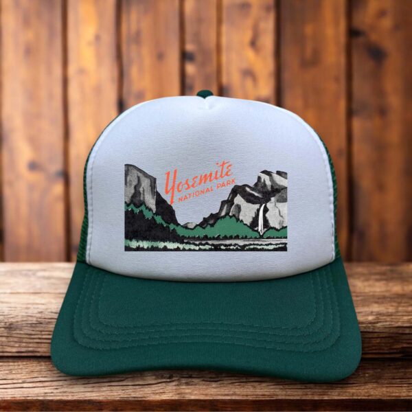 Green retro trucker hat featuring a Yosemite National Park design in vintage-style typography on a structured foam front.
