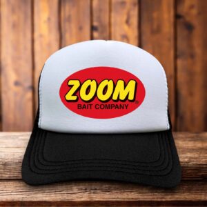 Black retro trucker hat featuring the Zoom Bait Company logo in vintage-style typography on a structured foam front.