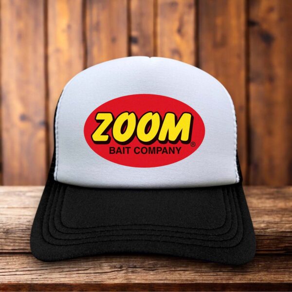 Black retro trucker hat featuring the Zoom Bait Company logo in vintage-style typography on a structured foam front.