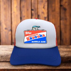 Retro trucker hat featuring the Topps Bazooka Bubble Gum logo in classic red, white, and blue vintage typography on a structured foam front.