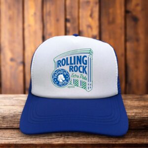 A classic trucker hat with a forest green foam front featuring the iconic white Rolling Rock horse head logo and "33" branding in a retro 1970s style.