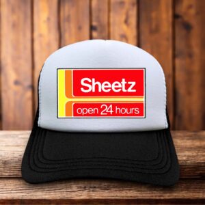 A vibrant trucker hat with a red foam front featuring the iconic white and yellow Sheetz Gas Station logo in a bold, retro-inspired layout.