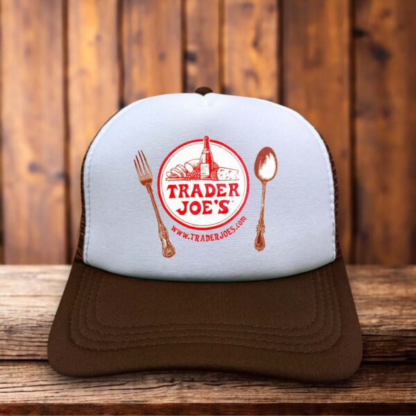 A classic trucker hat with a white foam front featuring a rare, vintage-style Trader Joe's logo in bold red and tropical-inspired typography.