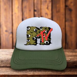 A retro trucker hat with a white foam front featuring the iconic MTV logo transformed with surrealist eyeball illustrations in a vibrant 80s aesthetic.