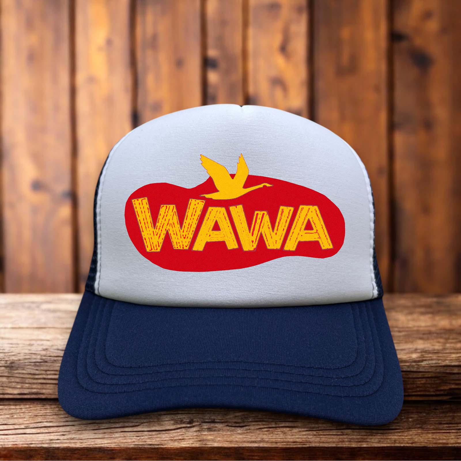A classic navy blue trucker hat featuring the iconic white and red Wawa goose logo on a structured foam front panel.