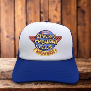 A blue and yellow trucker hat featuring a rare vintage Kraft logo with the text "Cheese & Macaroni Club Member" in a retro 1980s style.