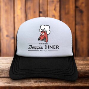 A retro trucker hat with a white foam front featuring the iconic Doggie Diner dachshund head logo with a chef hat and bowtie.