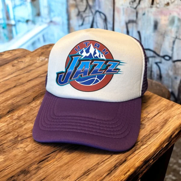 Purple retro trucker hat featuring the 1990s Utah Jazz purple mountain logo on a structured foam front.