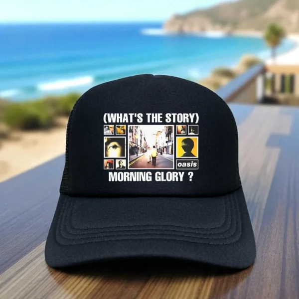 Vintage style trucker hat featuring the Oasis What's The Story Morning Glory logo on a structured foam front. On clearance!
