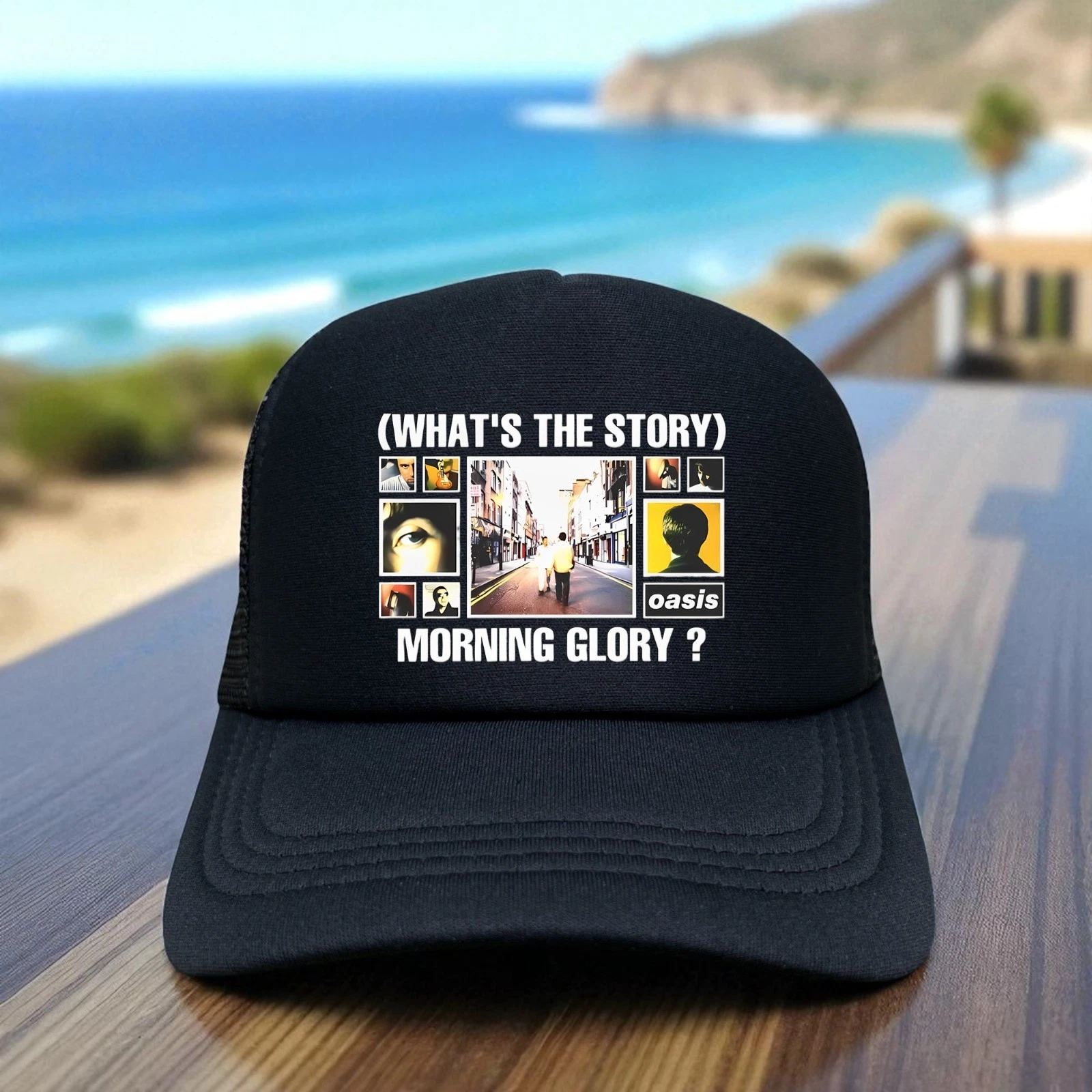 Vintage style trucker hat featuring the Oasis What's The Story Morning Glory logo on a structured foam front. On clearance!